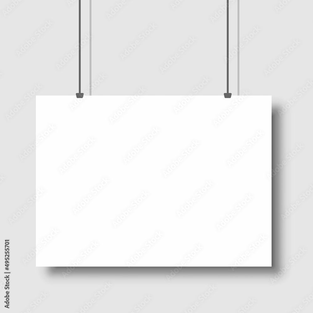 Template of white blank vector poster. Mockup hanging on the wall. Frame for paper sheet. Isolated on grey background. Vector illustration Template of white blank vector poster. Mockup hanging on the wall. Frame for paper sheet. Isolated on grey background. Vector illustration