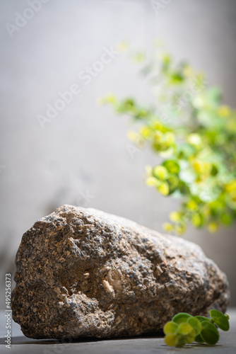 Product setting podium, pedestal, stage stone, gray stone platform, rough textured blocks object placement with shadows of green leaves © petrrgoskov