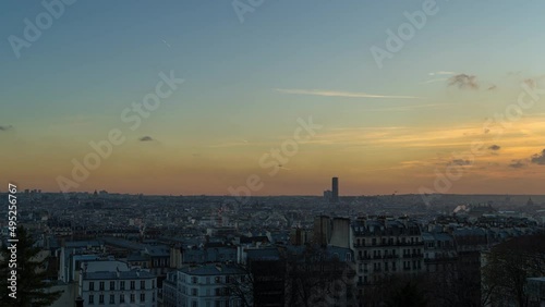 Sunset with Clouds on Paris Rooftops and Montparnasse Tower from Montmartre