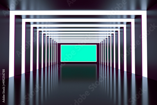 Empty dark room with stripes of ceiling lights and banner layout, architecture background, 3d render