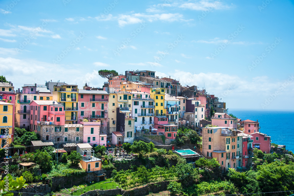 Fascinating view with ancient colored houses in Corniglia, Cinque Terre. Amazing places. A popular vacation spot.
