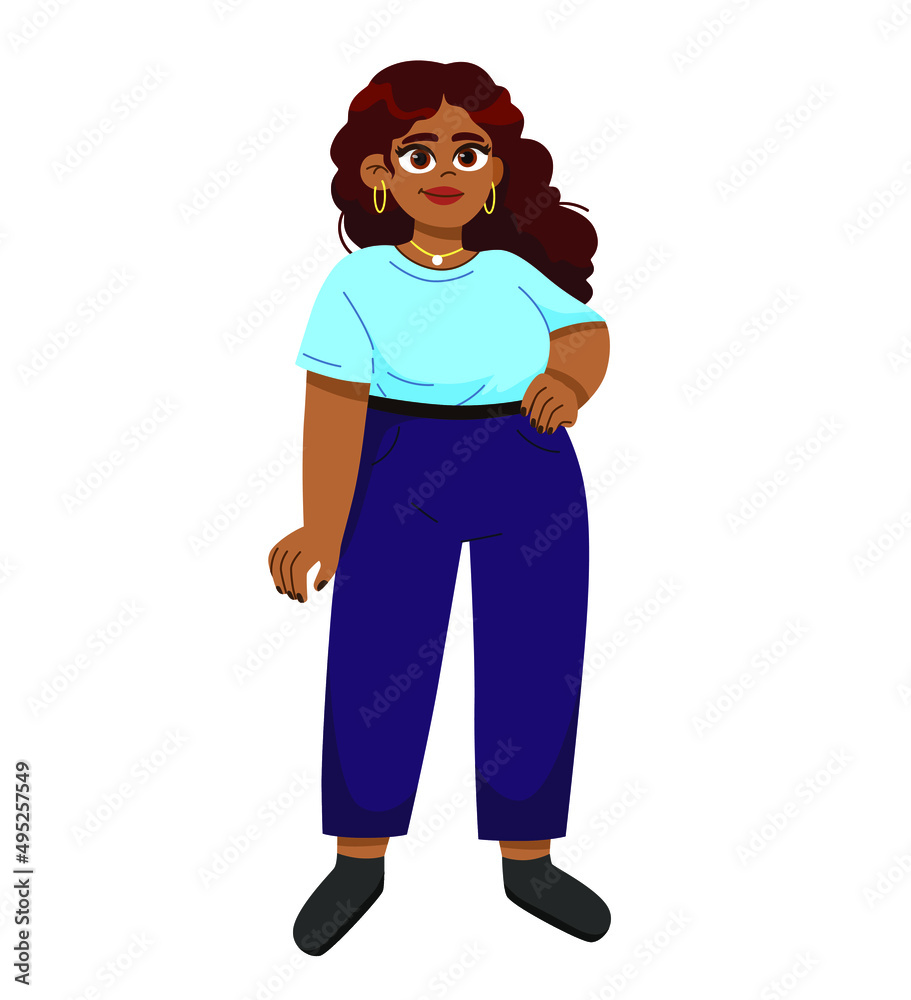 Happy modern young african american  woman standing  smiling
The concept of body positivity and love for your body. Vector stock flat illustration isolated on a white background. 
