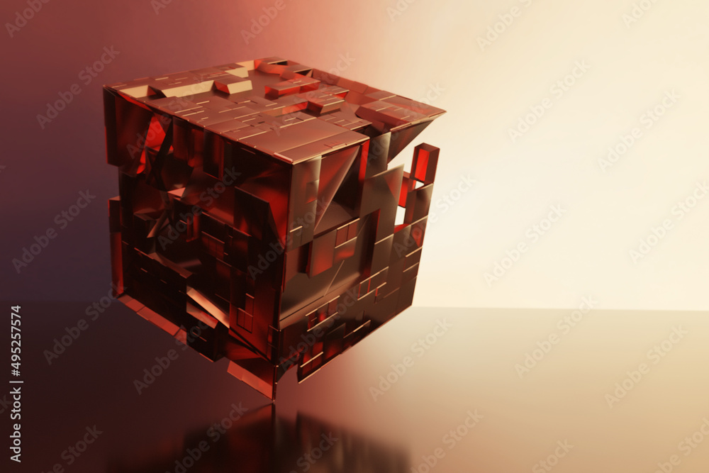 Obraz premium surrealistic technological interstellar cube over red background