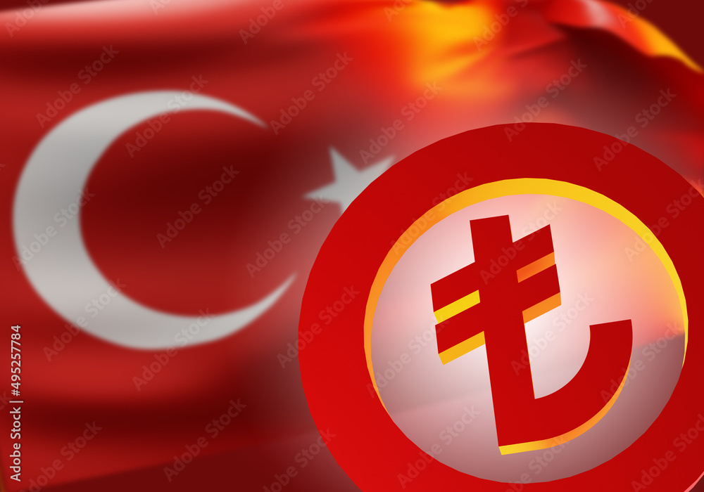 Lira logo on the Turkish flag background. National currency of Turkey. Turkish lira on red background. Currency market of Turkey. Quotes of the lira. Currencies of the world countries. 3d image Lira logo on the Turkish flag background. National currency of Turkey. Turkish lira on red background. Currency market of Turkey. Quotes of the lira. Currencies of the world countries. 3d image