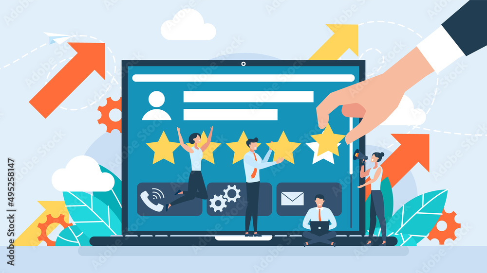 Evaluation of the shop. Web store rating. Feedback on the purchase. Improving the quality of services. Concept of online shopping on social media app. Web banner. Flat design. Vector illustration. Evaluation of the shop. Web store rating. Feedback on the purchase. Improving the quality of services. Concept of online shopping on social media app. Web banner. Flat design. Vector illustration.