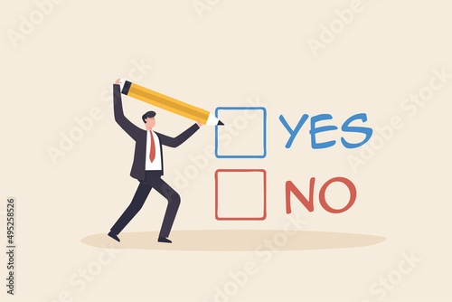 Business decision making, choose yes or no alternative or choices. Compare, Yes or no answer to asking question as choice decision concept.