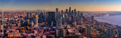 Panorama view of Seattle downtown skyline and Mt. Rainier  Washington  USA