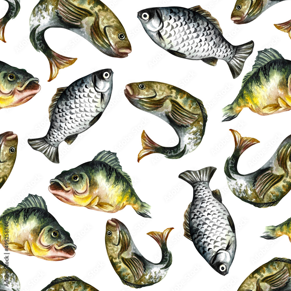 Fototapeta premium pattern, seamless texture with fish for the angler. On a white background. Watercolor illustration.