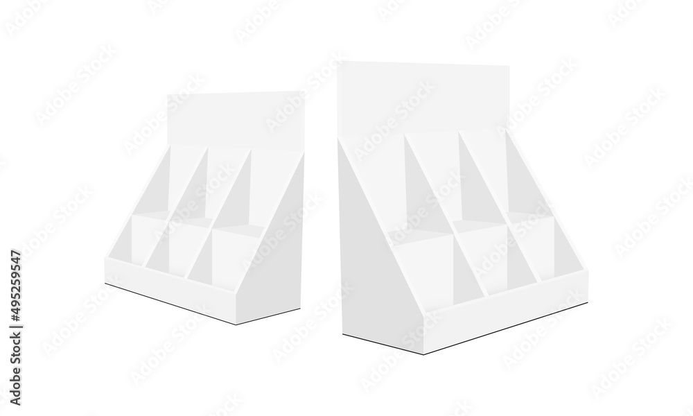 Cardboard Display Boxes With Shelves, Side View, Isolated on White