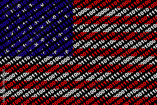 Hacker United States (USA). Digital USA flag and a binary background cybersecurity concept with 0 and 1. Computer hacker United States. Tricolor background from a binary code, cyber threat. photo