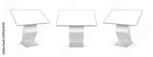 Service Interactive Digital Signage, Front and Side View. Information Touch Screen Kiosk Isolated on White Background. Vector Illustration