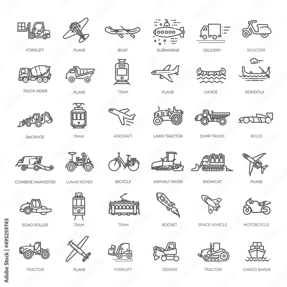 Transport, vehicle and delivery elements - minimal thin line web icon set