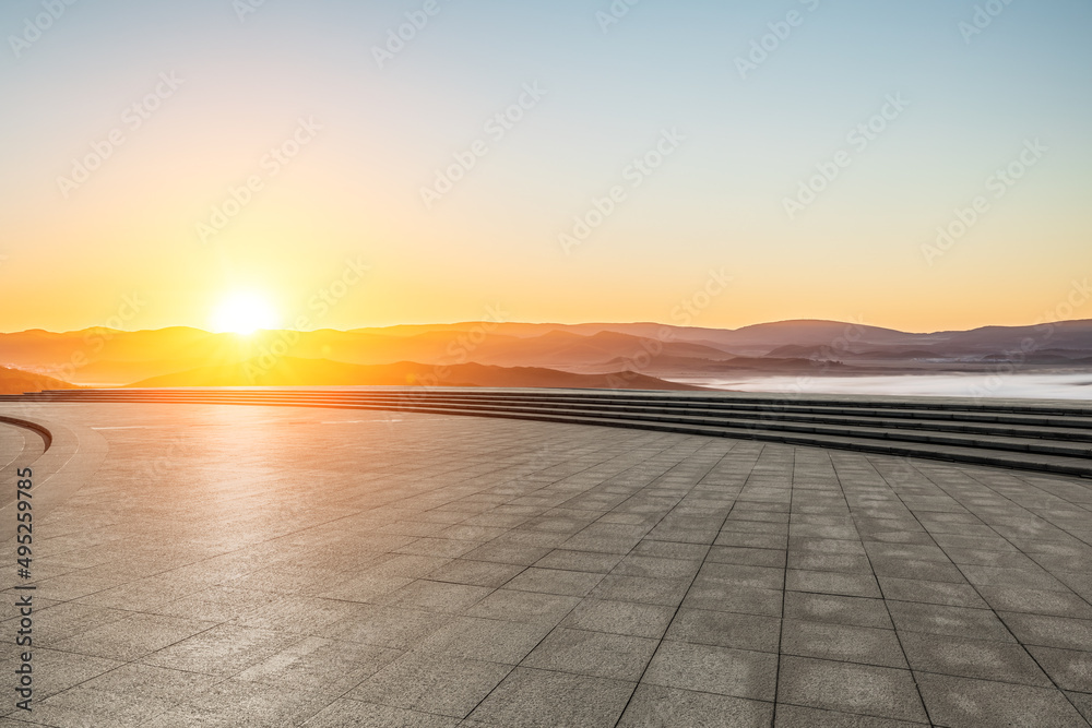 Empty square floor and mountain with sky cloud landscape at sunrise