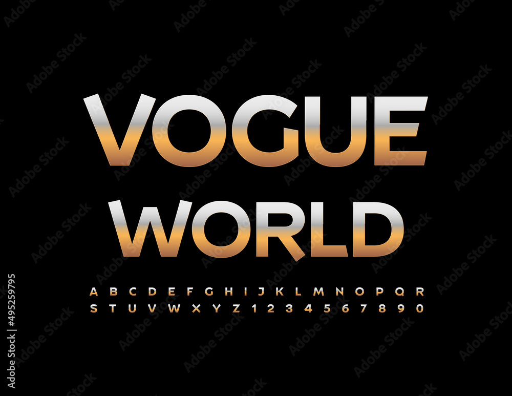 Vector chic template Vogue World. Golden metallic Alphabet Letters, Numbers and Symbols set. Elegant style Font