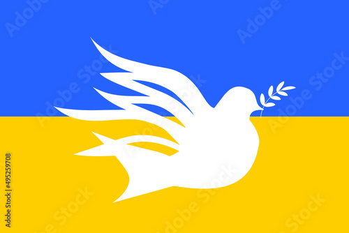 Dove of peace on the background of the Ukrainian flag. Symbol of peace and freedom. Stop World War. Vector.