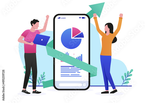 Happy with pie chart result - Business people, man and woman cheerful while analysing business results on smartphone. Flat design vector illustration with white background