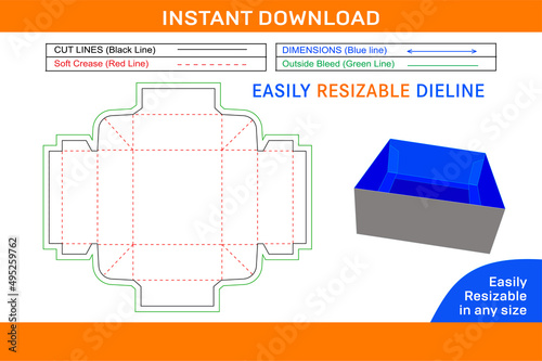 Trays Box, Standard kwikset tray box with reinforcing tabs dieline template and 3D box design Box dieline and 3D box