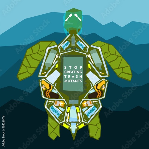 World oceans day, World Environment Day, Earth day, World Maritime Day concept vector illustration. Stop plastic pollution. Keep the oceans clean. Save the marine life. Stop creating trash mutants