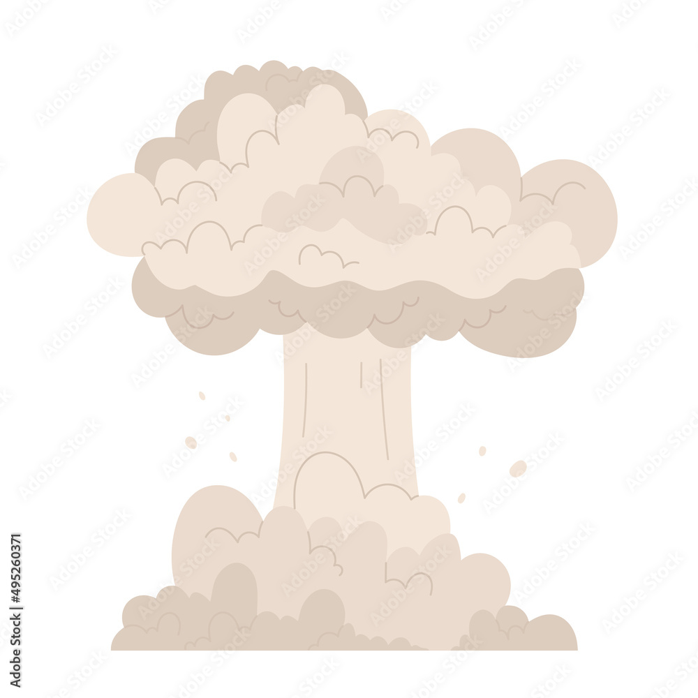 Nuclear mushroom. Cloud after bomb explosion. Huge explosion of atomic bomb, dynamite detonator. Dust smoke cloud after blast. Vector illustration in cartoon style. Isolated on white background.