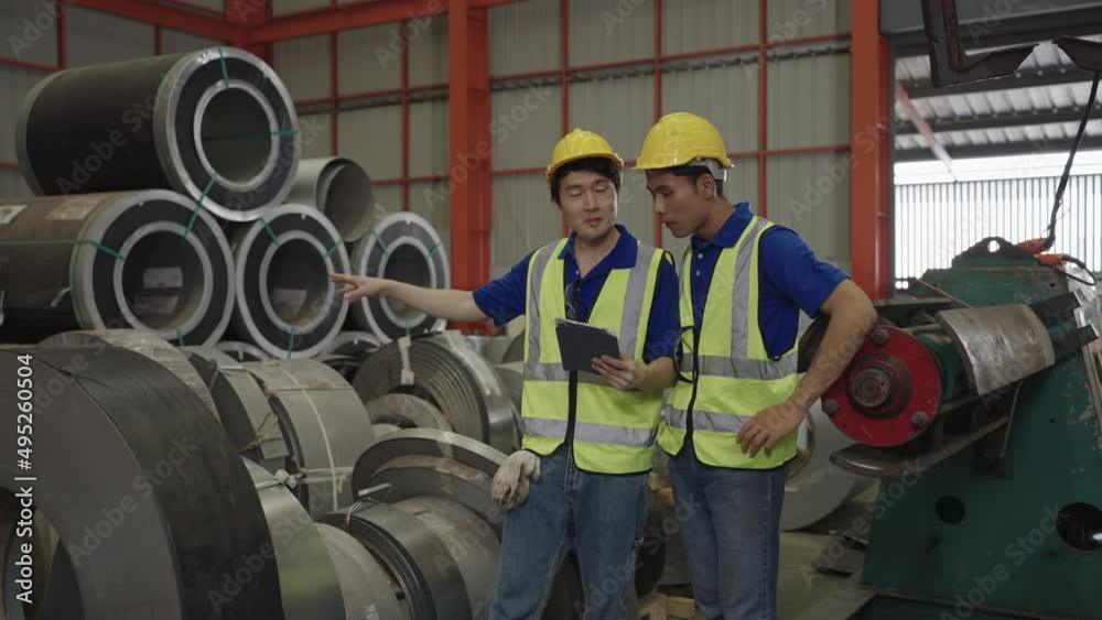 Two Asian workers industry inspect the stock of metal sheets in the factory. Two Asian workers industry inspect the stock of metal sheets in the factory.