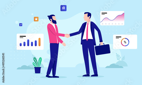Business agreement - Two businessmen shaking hands in front of rising charts and graphs, one in casual clothing and on in suit. Flat design vector illustration with blue background