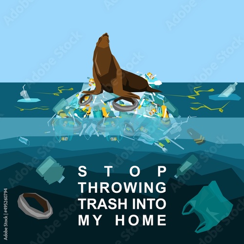 World oceans day, World Environment Day, Earth day, World Maritime Day concept vector illustration. Stop plastic pollution. Keep the oceans clean. Save the marine life. Stop creating trash mutants