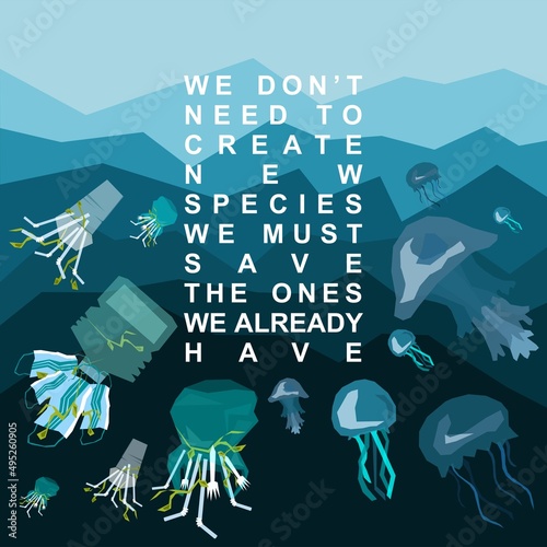 World oceans day, World Environment Day, Earth day, World Maritime Day concept vector illustration. Stop plastic pollution. Keep the oceans clean. Save the marine life. Stop creating trash mutants