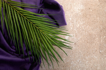 Palm Sunday background with green tropical tree leaves on stone