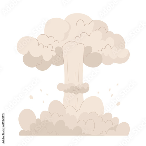 Nuclear mushroom. Cloud after bomb explosion. Huge explosion of atomic bomb, dynamite detonator. Dust smoke cloud after blast. Vector illustration in cartoon style. Isolated on white background.