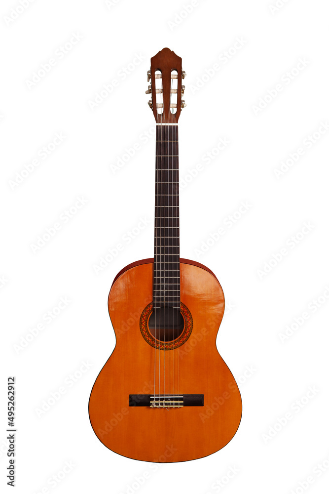 six-string acoustic guitar in a wooden case, isolated on a white background