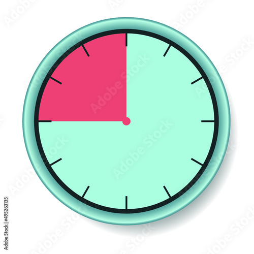 A blue round clock with an expiring time of 15 seconds. Vector illustration