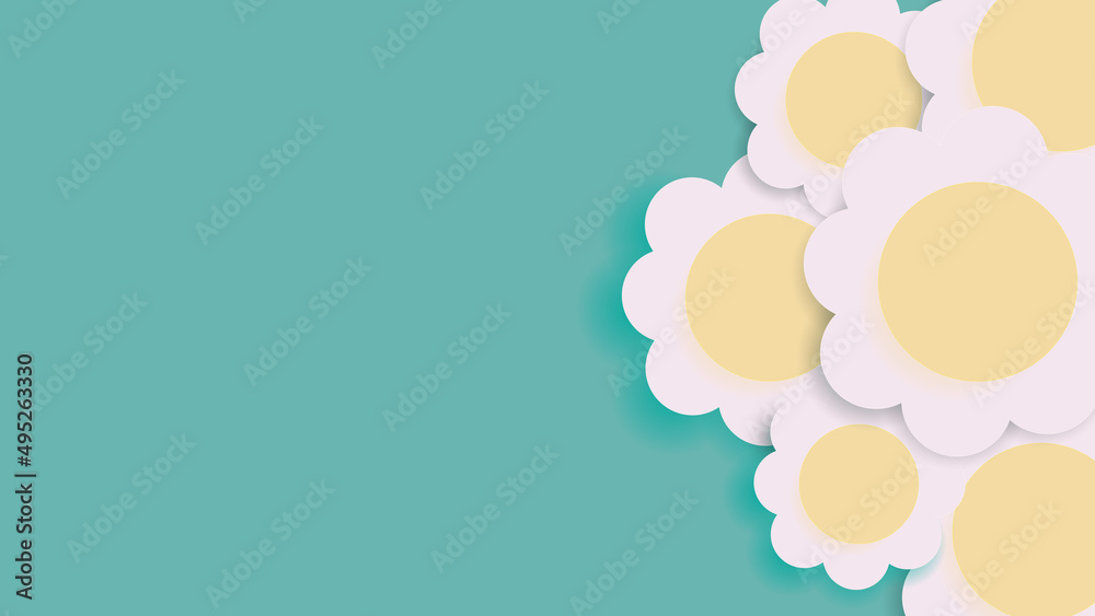 Cute flowers background. Illustration of group of lovely white flower on the green pastel background for wallpaper or template of presentation.
