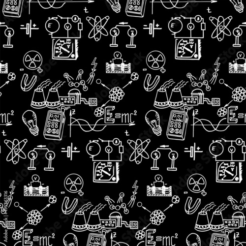 Nuclear physics. Scientific knowledge, formulas. Vintage education and scientific seamless pattern.  Vector hand-drawn illustration on chalkboard.