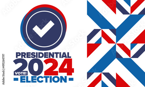 Presidential Election 2024 in United States. Vote day, November 5. US Election campaign. Make your choice! Patriotic american vector illustration. Poster, card, banner and background