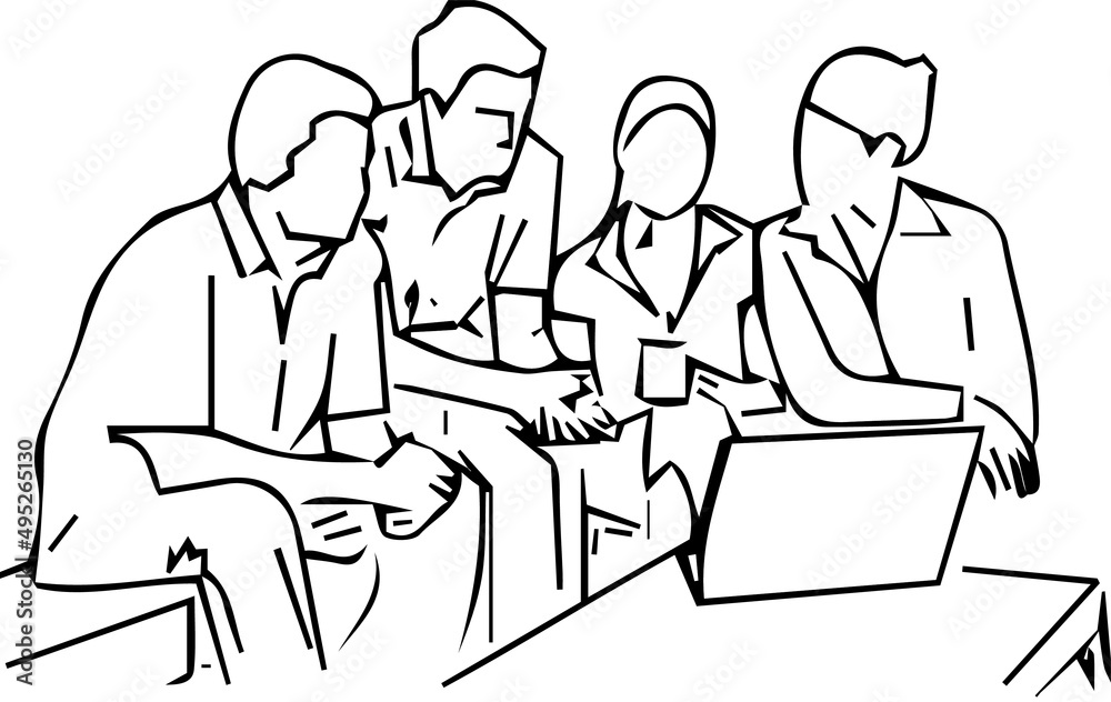 
line art illustration of professional people doing meeting with laptop, Outline silhouette of office people doing meeting