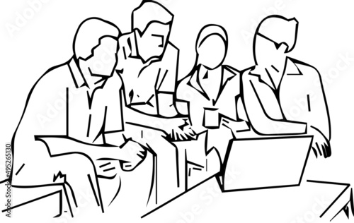  line art illustration of professional people doing meeting with laptop, Outline silhouette of office people doing meeting © Pankaj