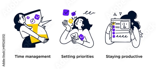 Productivity management tools- set of business concept illustrations. Time-management, setting priorities, staying productive. Visual stories collection