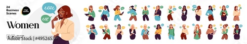Chatting business women set. Modern yong women communicate with their colleagues. Beautiful female characters with speach bubbles. Vector set