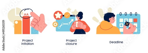 Phases of the business project management life cycle - set of business concept illustrations. Initiation, planning, executing, closure. Visual stories collection.