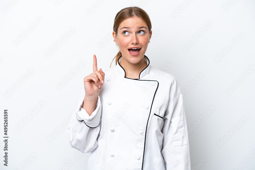 Young chef woman isolated on white background thinking an idea pointing the finger up Young chef woman isolated on white background thinking an idea pointing the finger up