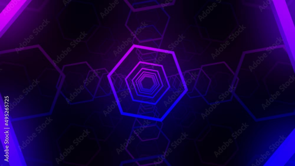3d abstract geometry tunnel. Colored pink and blue hexagon shapes move in perspective on an empty black background. Show, holiday, performance concept 3d abstract geometry tunnel. Colored pink and blue hexagon shapes move in perspective on an empty black background. Show, holiday, performance concept