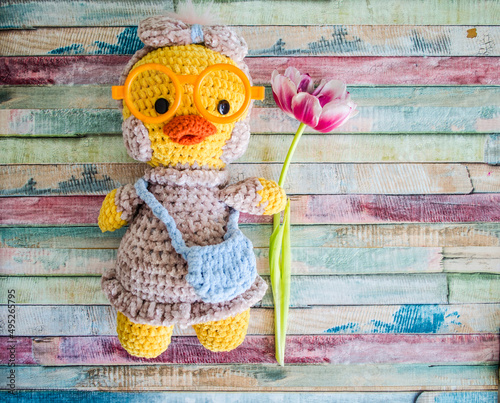 Knitted toy is a popular Lalafanfan toy on a colored wooden background. photo