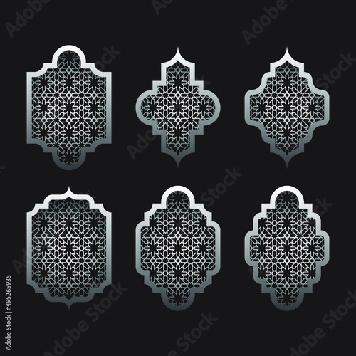 Arabic window set. Islamic frame with pattern background.