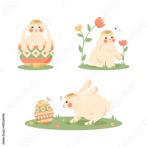 Set illustration Easter bunny with egg and flowers