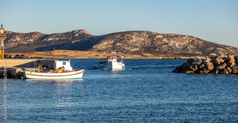 Fishing boat, Koufonisi island, Lesser Cyclades, Greece. Traditional wooden vessel at the port