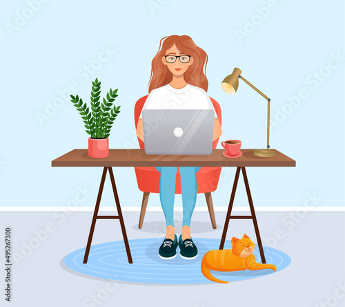 Woman sits at a table, works at home at a computer. Remote work, freelance, home office, programming, training. Cozy working interior with a cat. Vector illustration