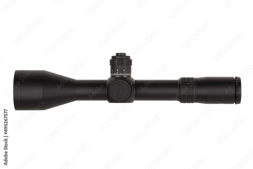 Modern black optical sight. Optical device for aiming at long distances. Isolate on a white back Modern black optical sight. Optical device for aiming at long distances. Isolate on a white back