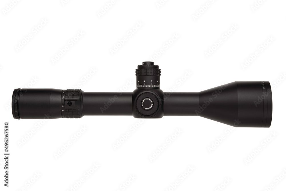 Modern black optical sight. Optical device for aiming at long distances. Isolate on a white back Modern black optical sight. Optical device for aiming at long distances. Isolate on a white back
