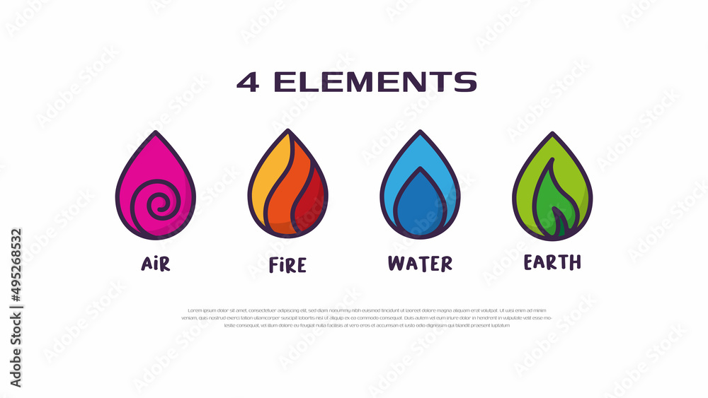 Four element nature icon logo vector. Abstract Wind, Air, fire, water, earth symbol like water drop design concept. Four element nature icon logo vector. Abstract Wind, Air, fire, water, earth symbol like water drop design concept.