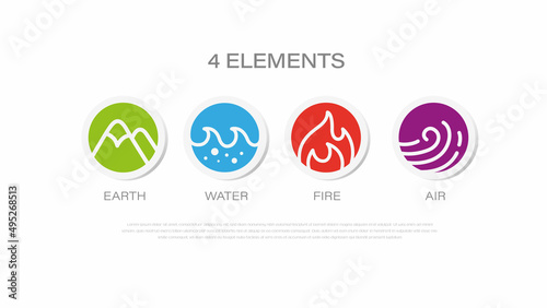 Four element nature icon logo vector. Abstract Wind, Air, fire, water, earth symbol with flat design style concept.